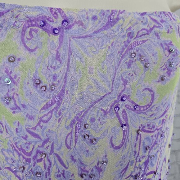 VTG I.C.E. Purple Green 100% Silk Chiffon Floral Beaded Flowy Maxi Long Skirt M - Picture 5 of 13